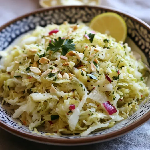 A bowl of food with a lemon wedge on top.