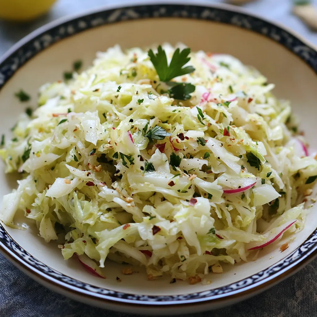 A bowl of coleslaw with a green garnish.