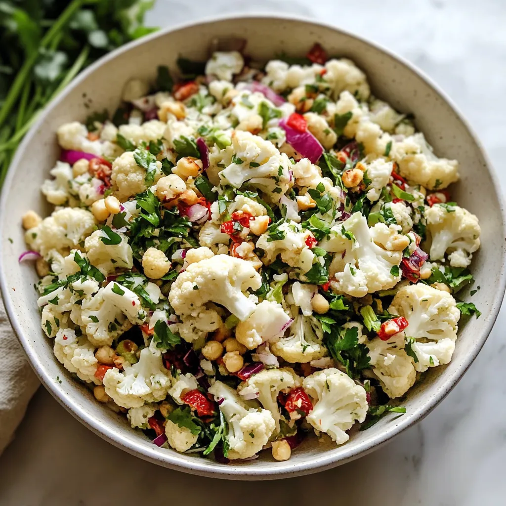 A bowl of food with cauliflower, red peppers, and other vegetables.