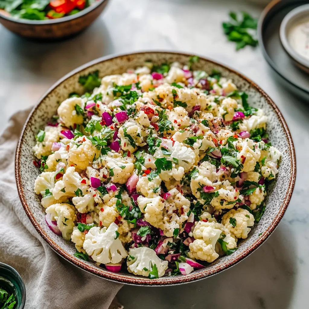 A bowl of food with cauliflower and other vegetables.