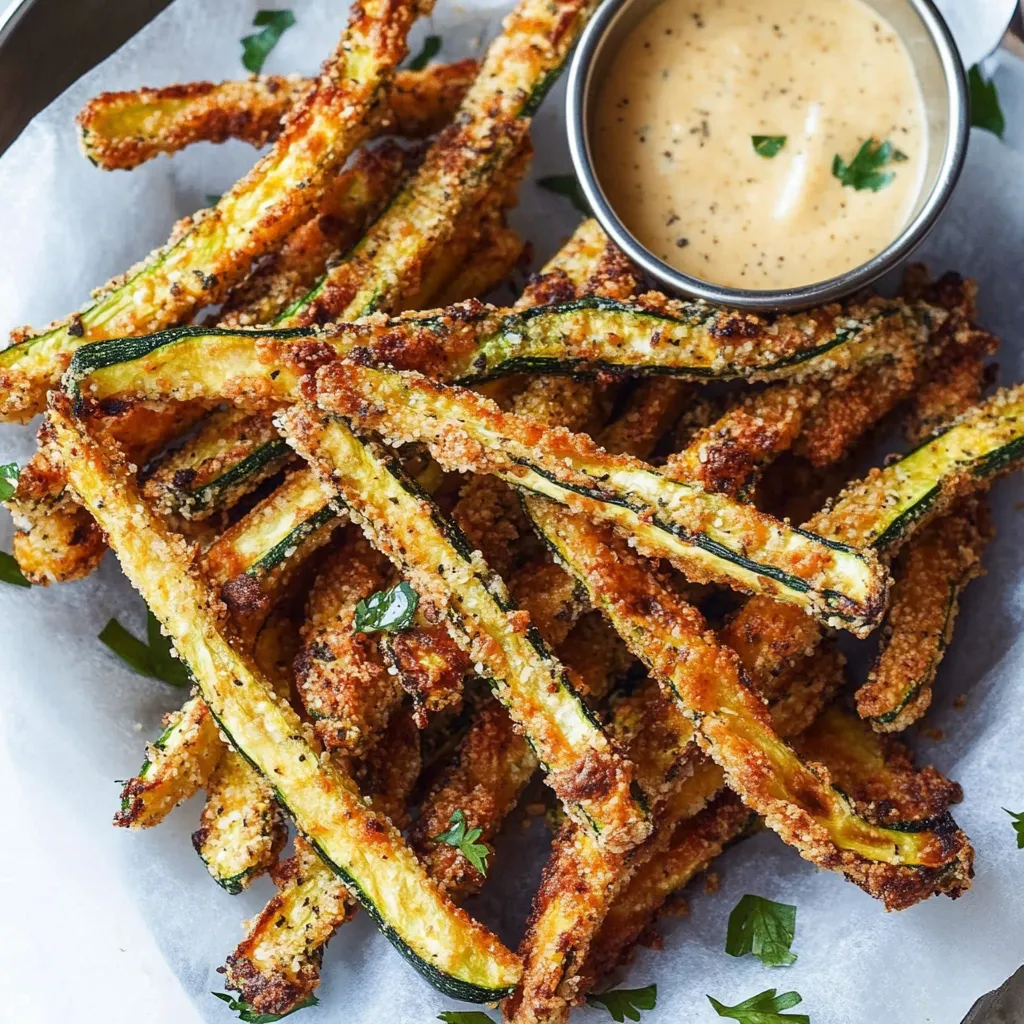 A plate stacked with golden-brown zucchini sticks and a dip.