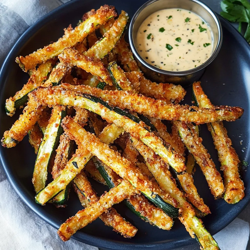 A plate of fried zucchini with a dipping sauce.