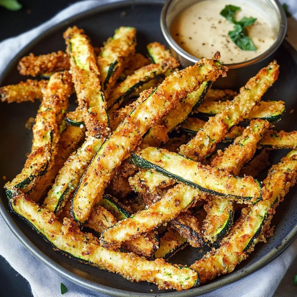 A plate of fried zucchini with a dipping sauce.