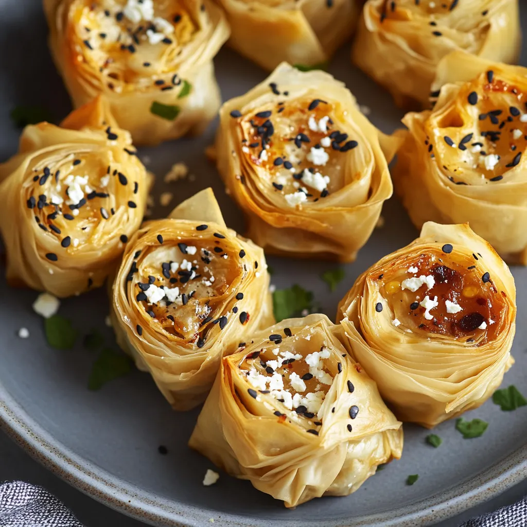 A dish of flaky snacks topped with sesame seeds.