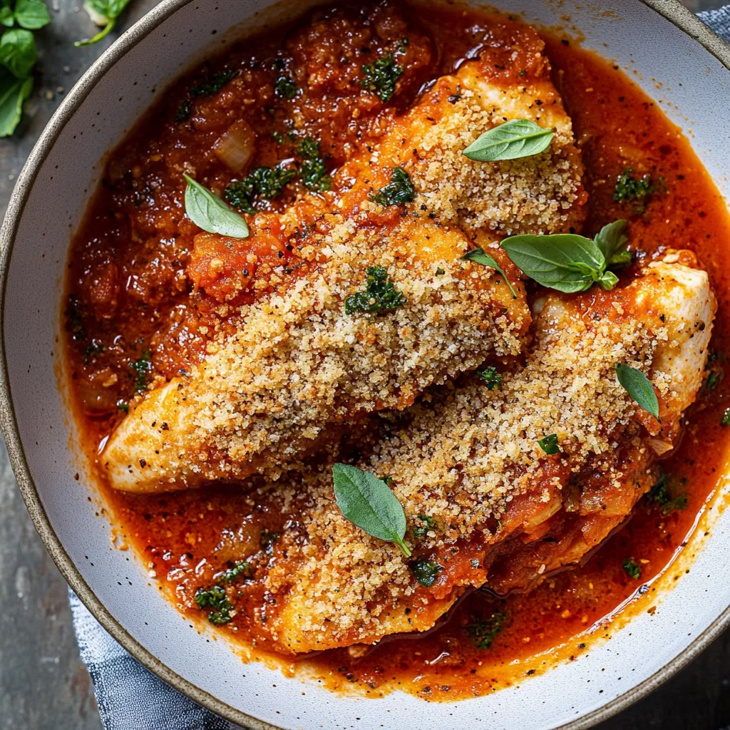 A bowl of food with chicken and sauce.