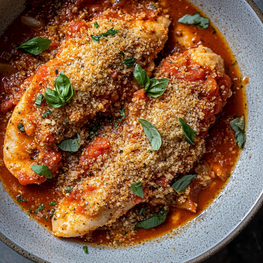 A bowl of food with chicken and tomatoes.