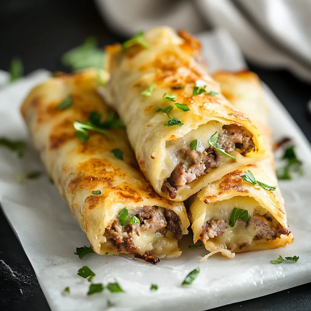 Three meat and cheese filled pastries on a white plate.