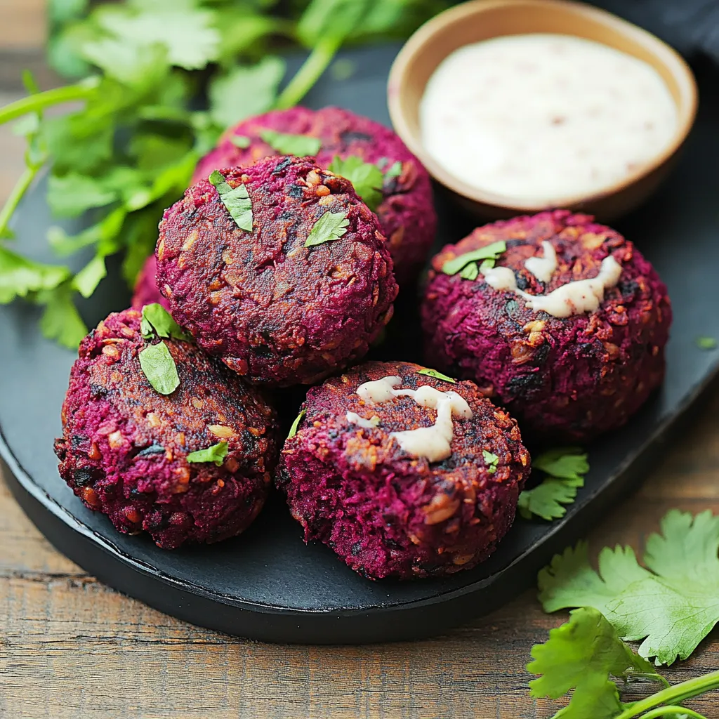 Purple falafels on a plate with a sauce drizzle.