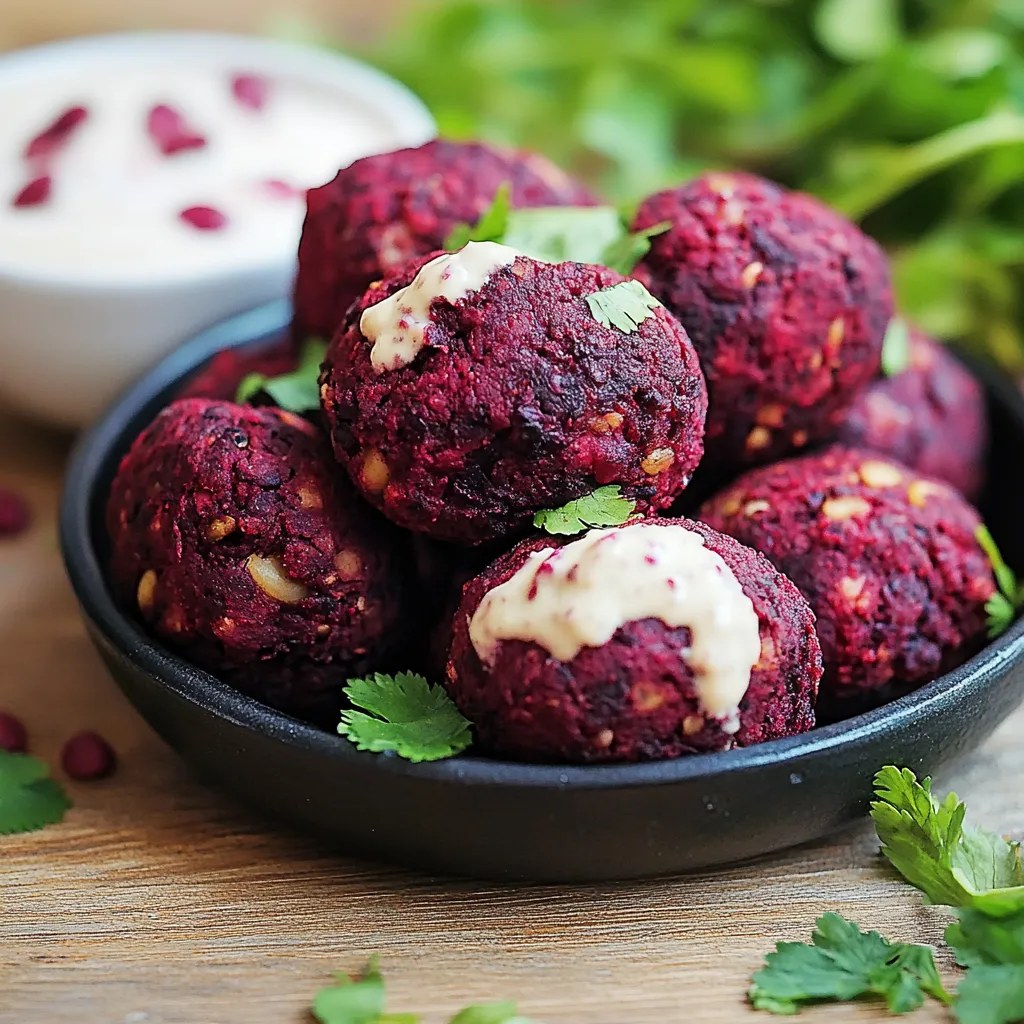A bowl of red balls with white sauce.