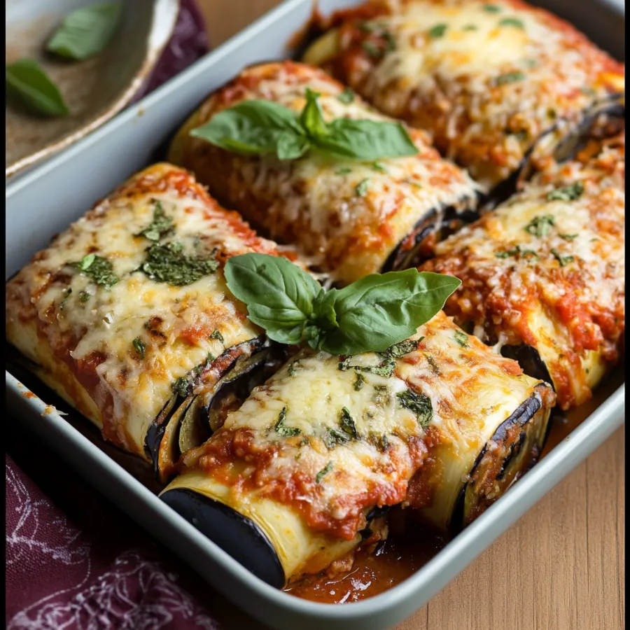 A tray of cheesy eggplant rolls garnished with fresh greens.