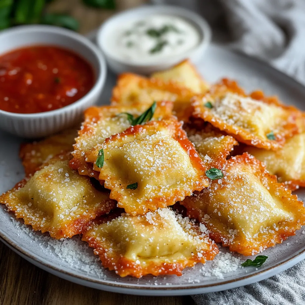 A plate of crispy ravioli with a small side of marinara sauce.