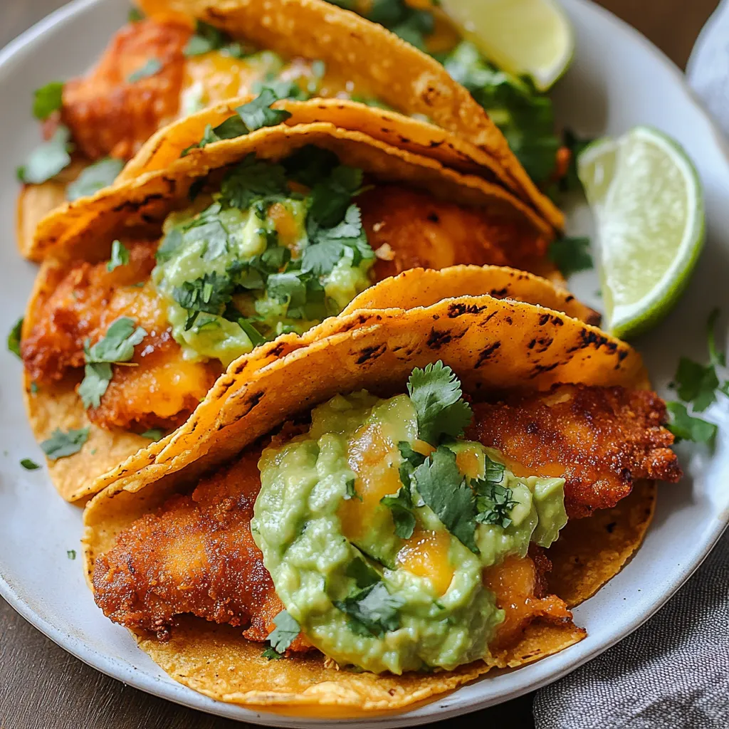 A plate of fish tacos with guacamole and lime.