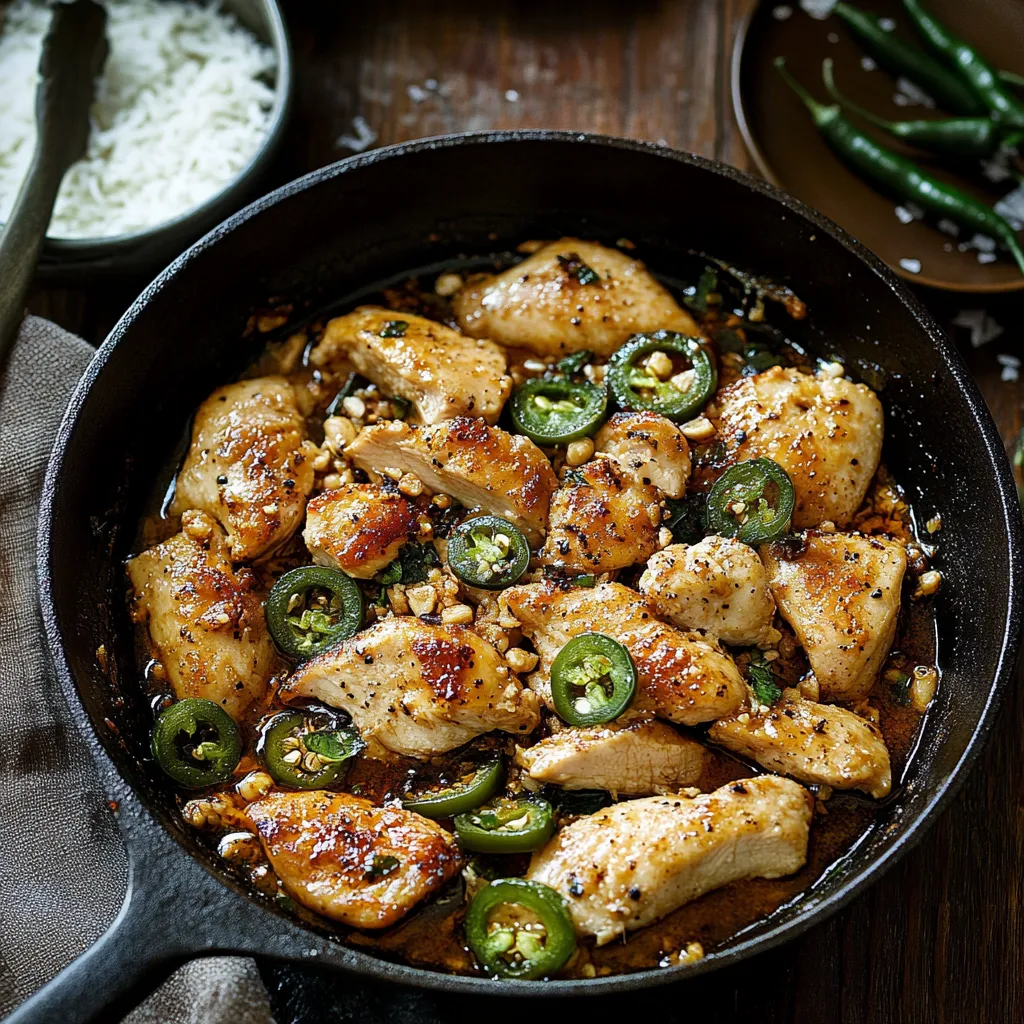 A pan of chicken with peppers and rice.
