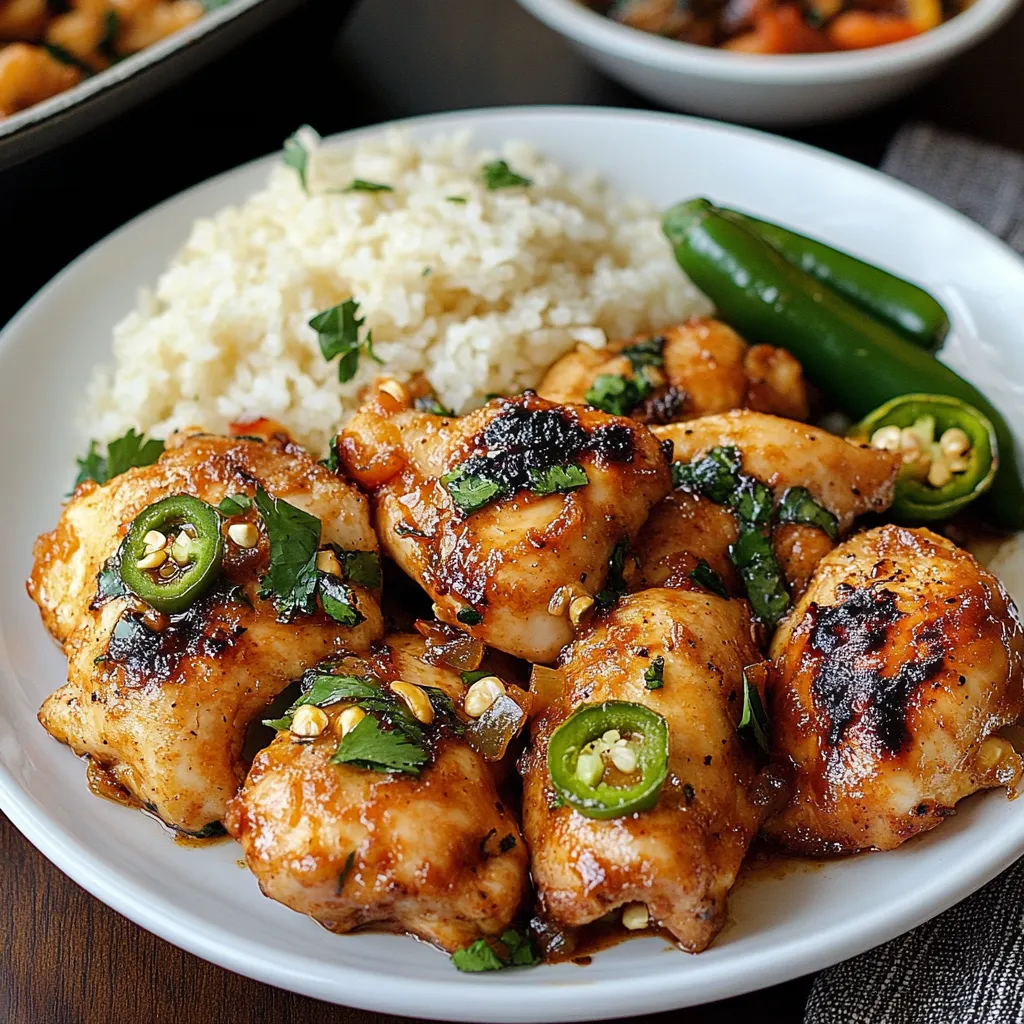 A plate of food with rice, chicken, peppers and onions.