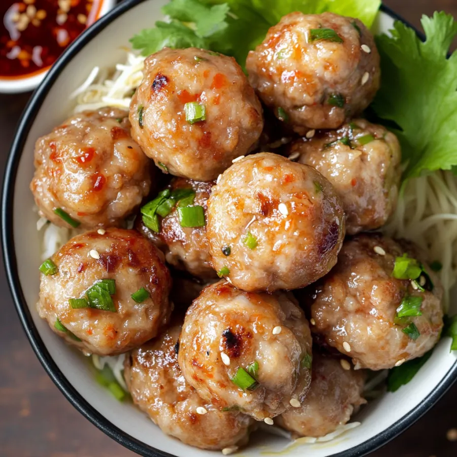 A bowl of meatballs with a side of noodles.