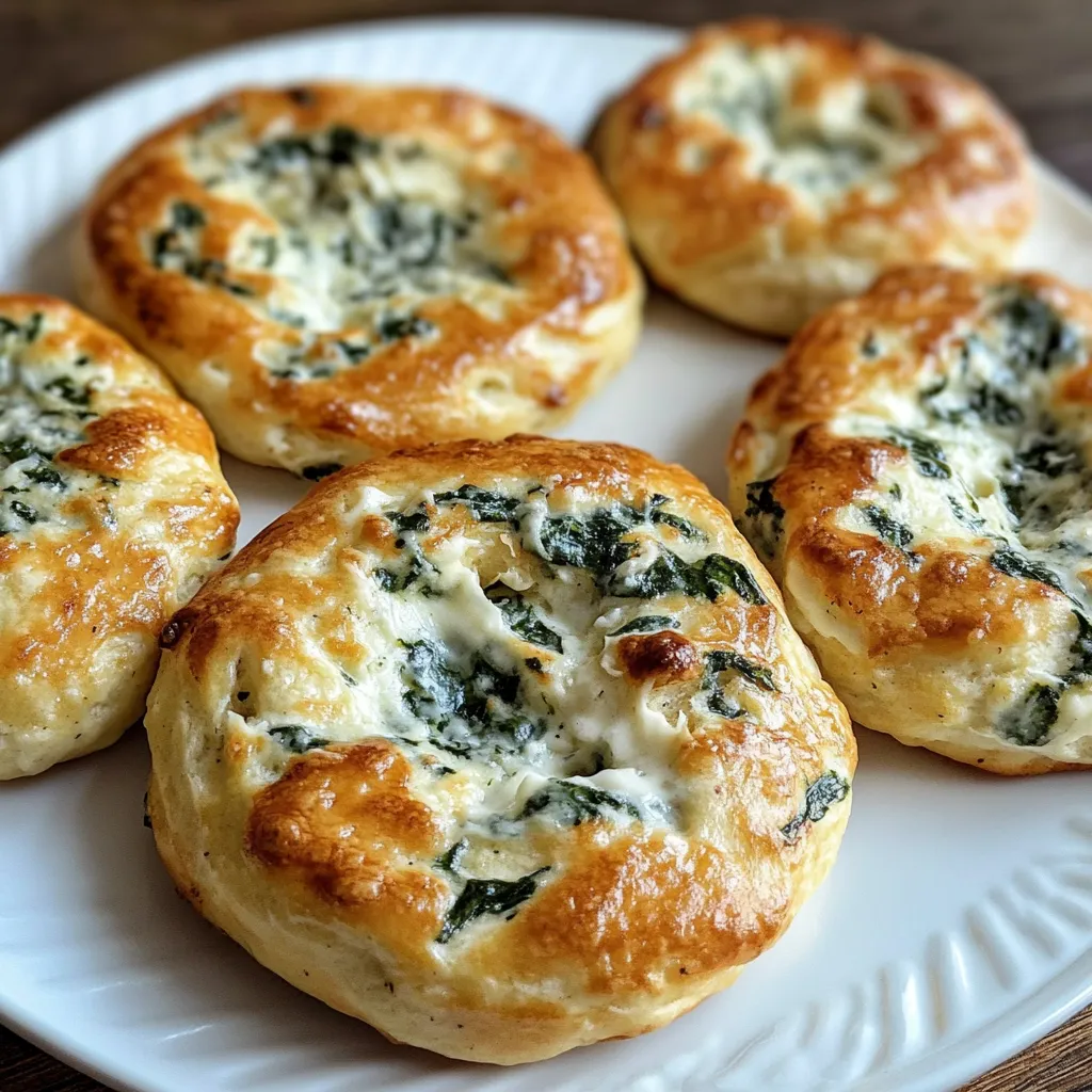 A plate of four blue cheese and spinach breads.