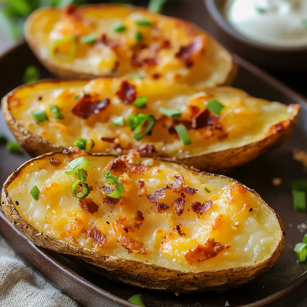 A plate of baked potatoes with bacon and cheese.