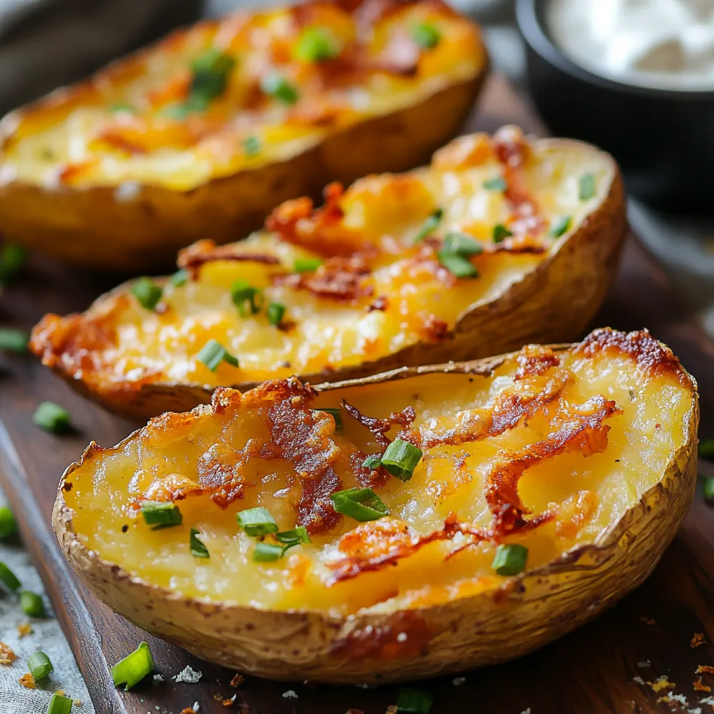 Three sliced potatoes with bacon on a wooden cutting board.