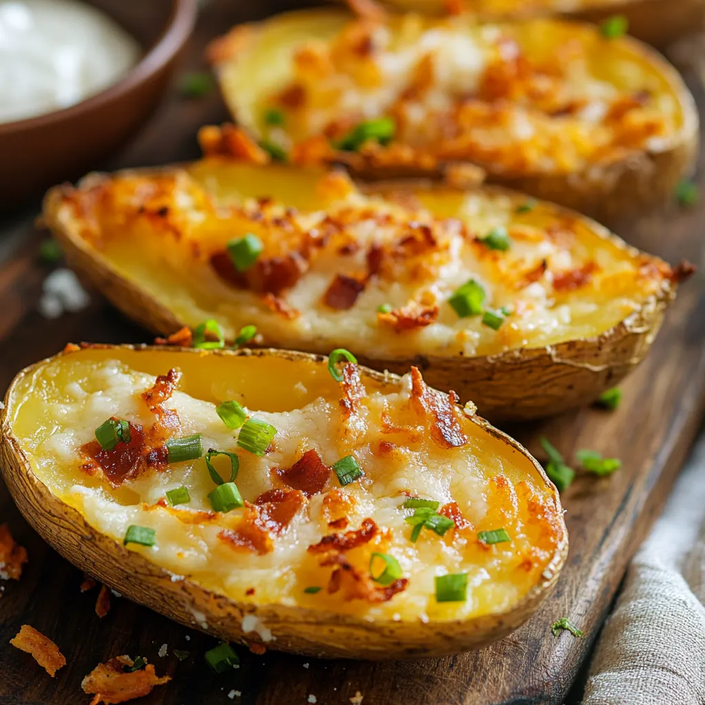 A plate of baked potatoes with bacon and cheese.