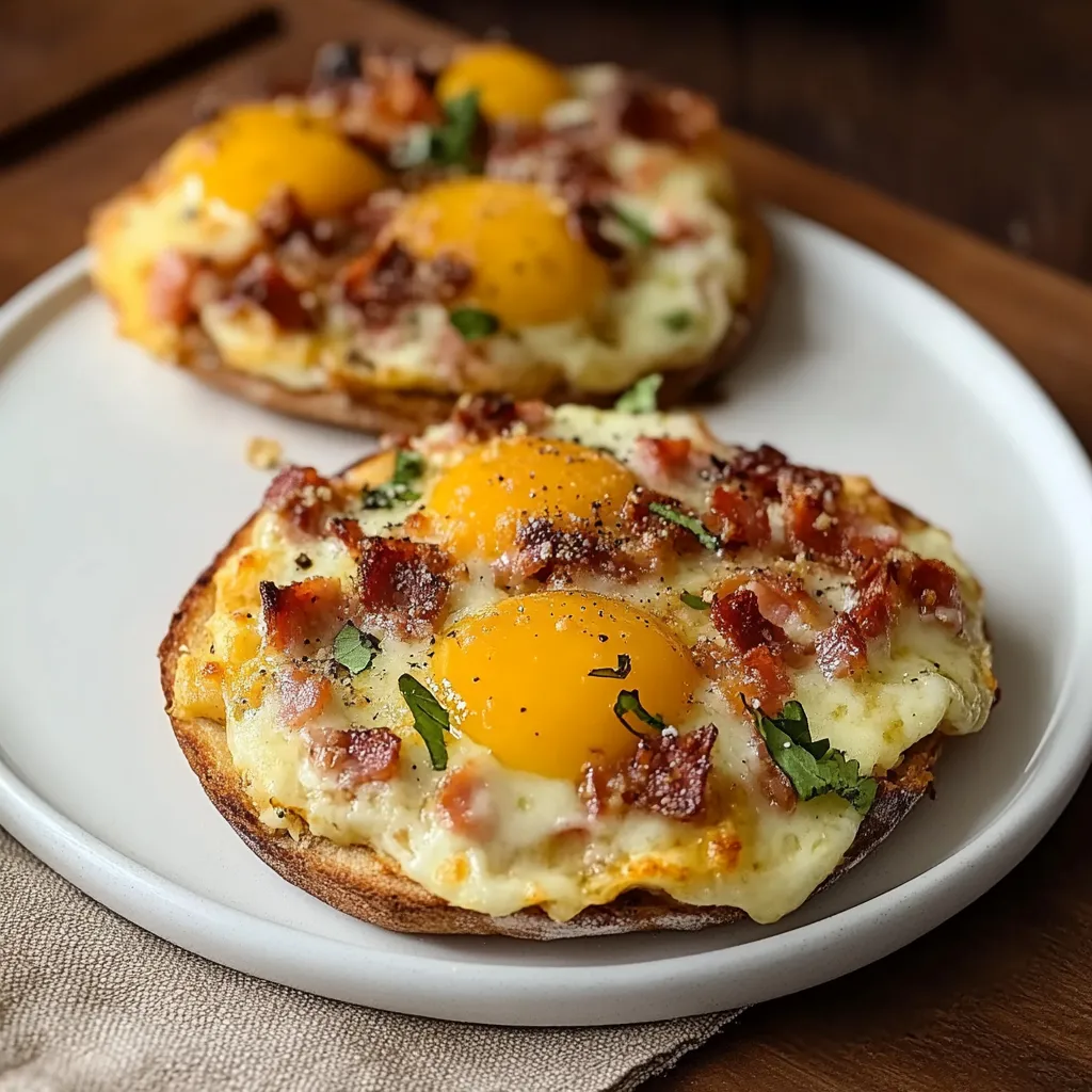 Two breakfast sandwiches with eggs and bacon.