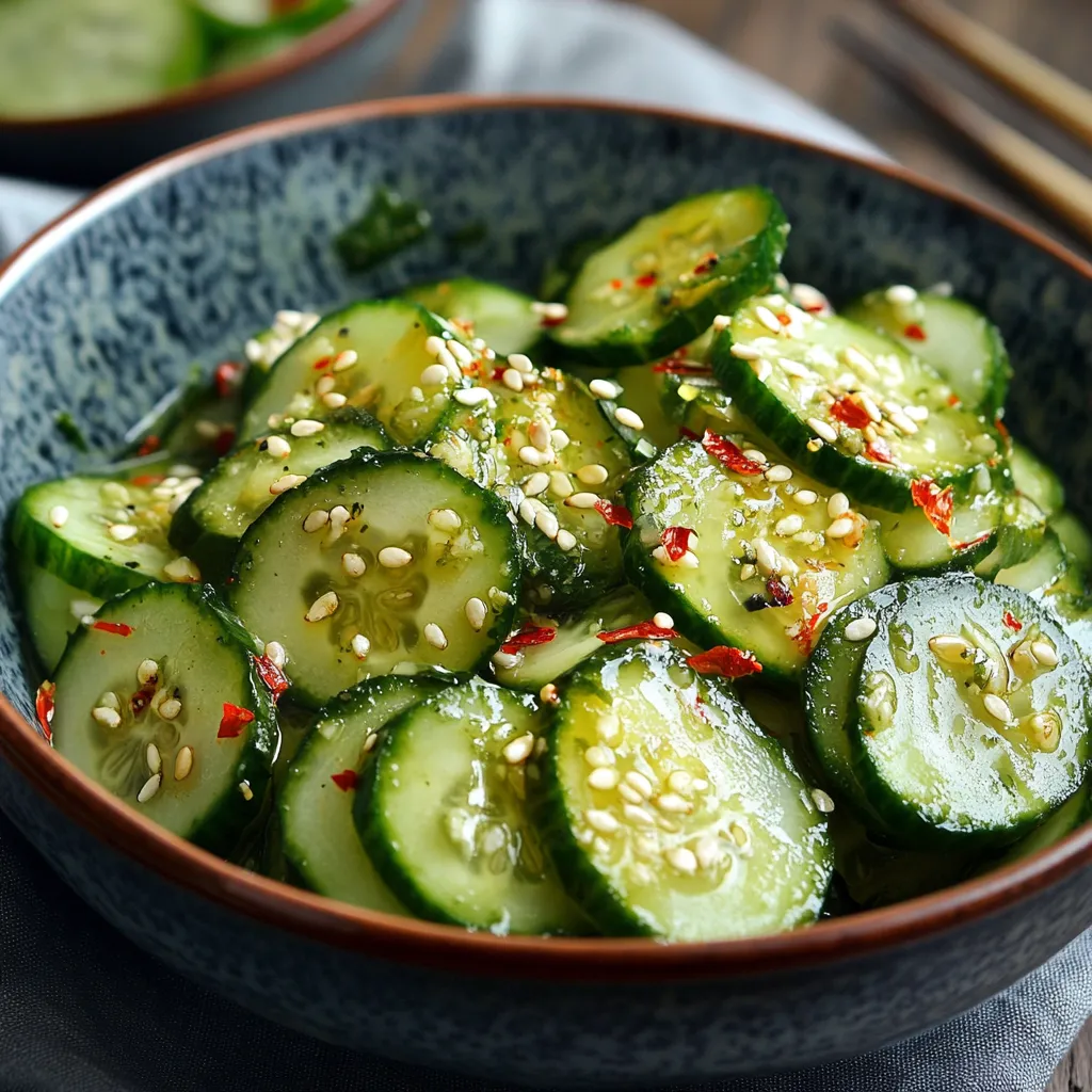 A bowl of cucumbers with spices.
