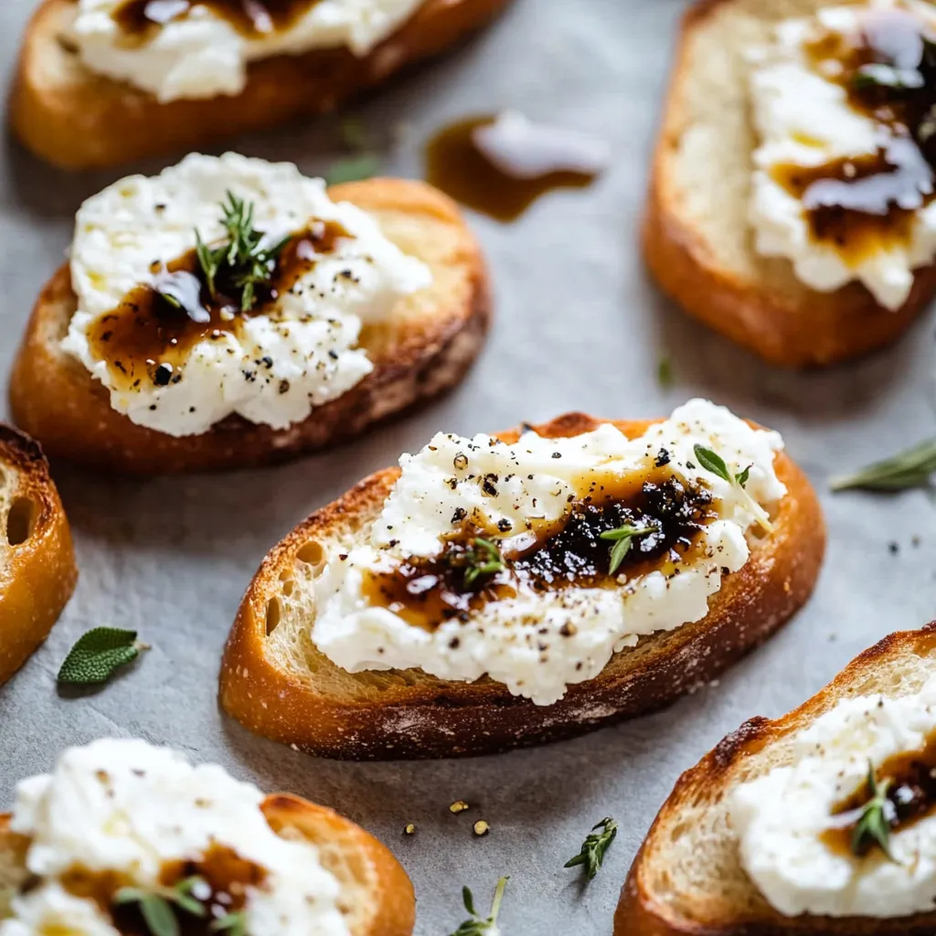 A plate of bread with white cheese and black sauce.