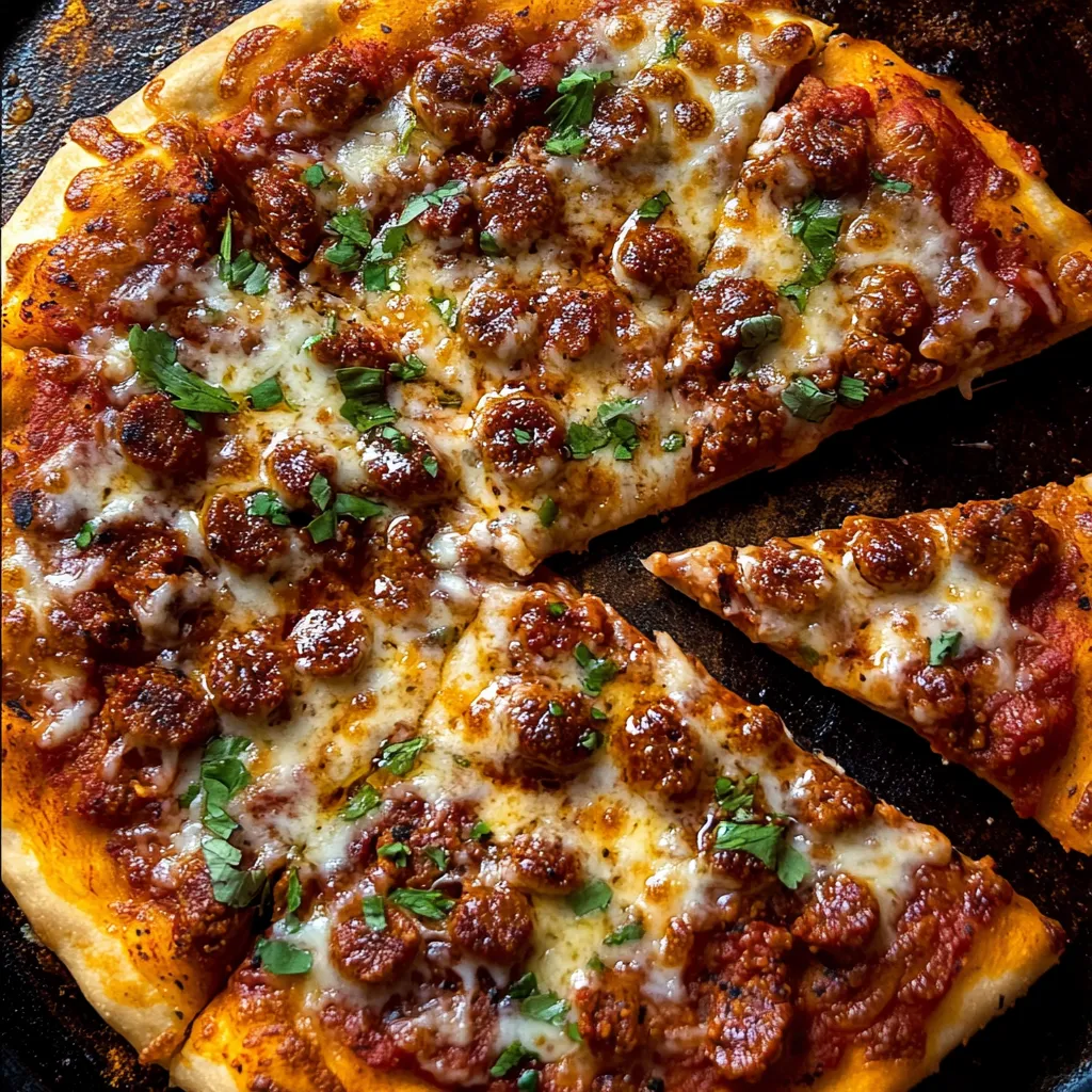 A slice of pizza with meat and cheese.