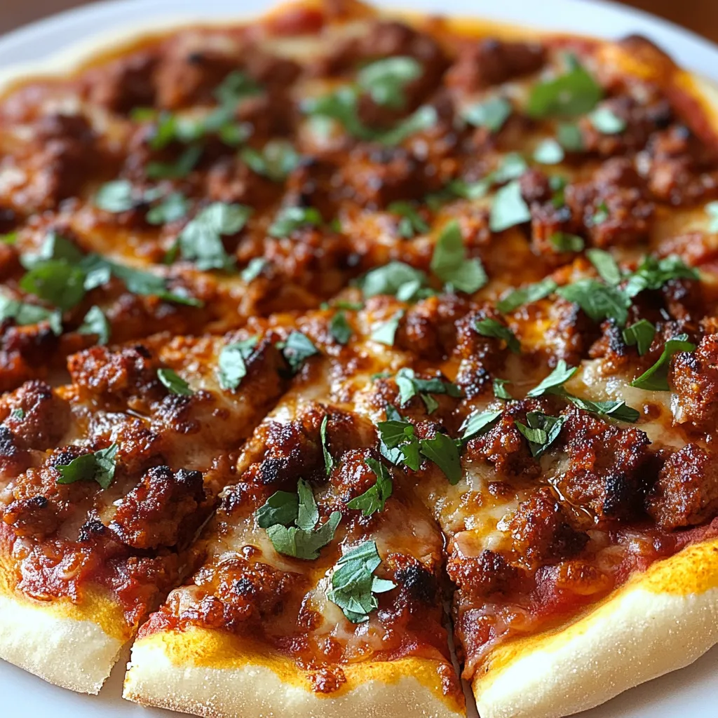 A pizza with meat and vegetables on a white plate.