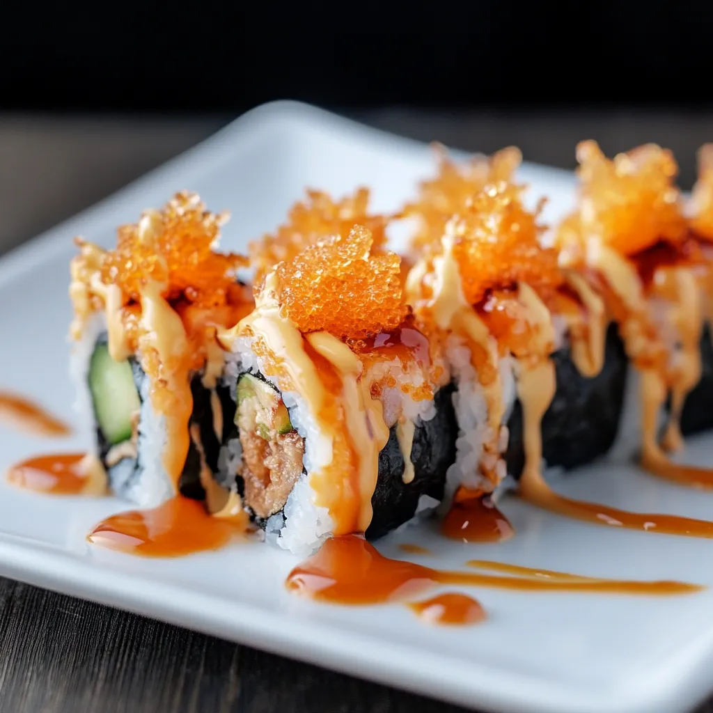 Sushi with orange sauce.