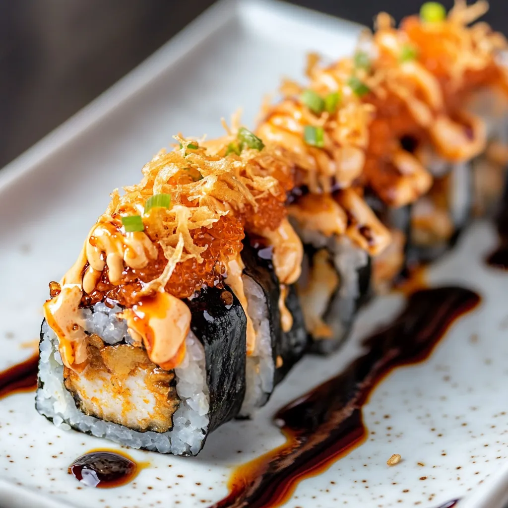 Sushi with sauce on a plate.