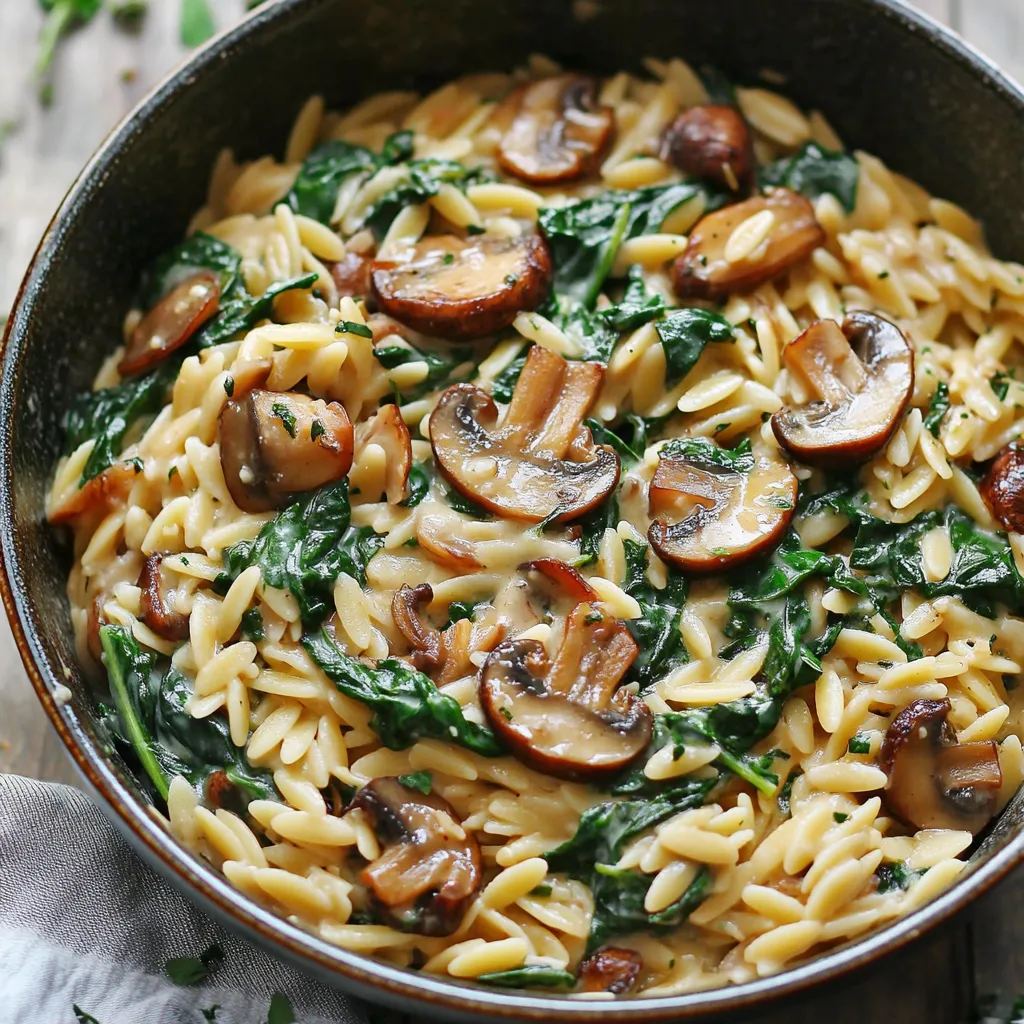 A bowl of pasta with mushrooms and spinach.