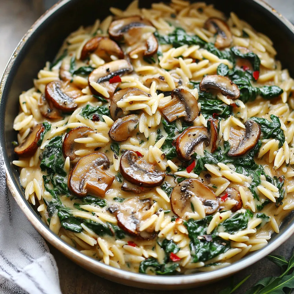 A bowl of pasta with mushrooms and spinach.