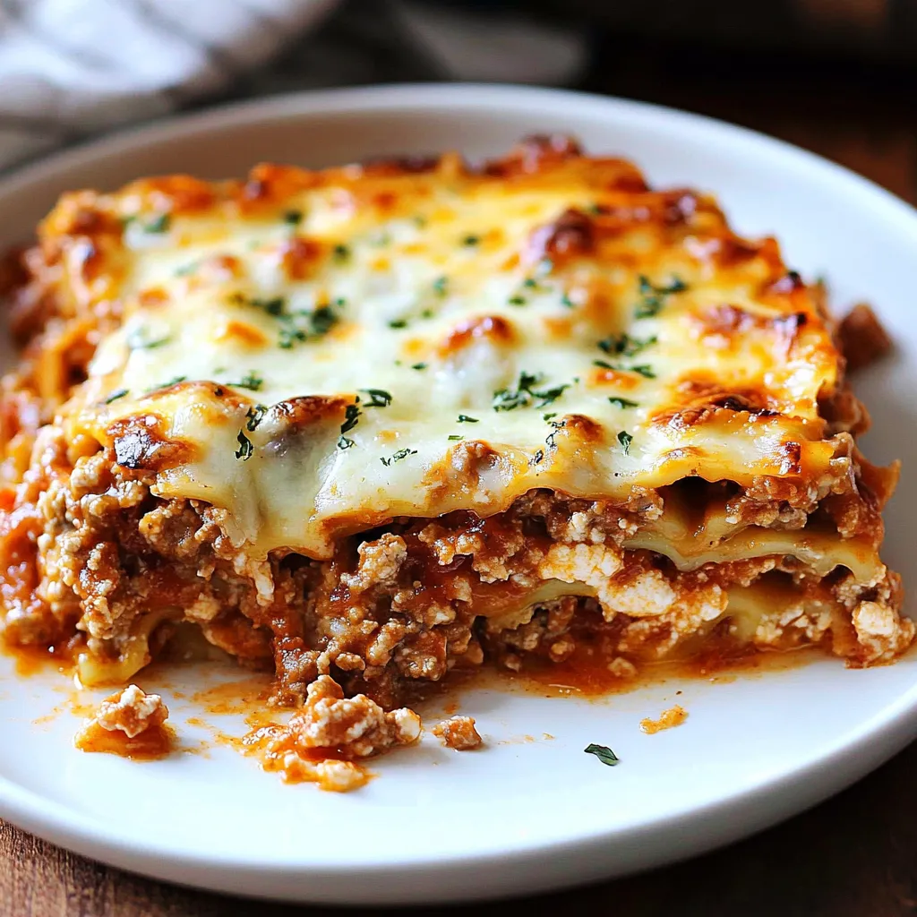 A white plate with a slice of lasagna on it.