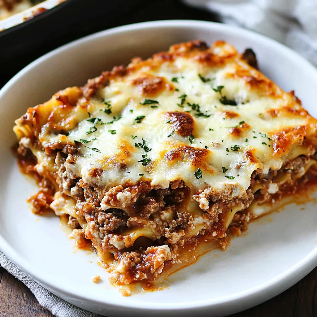A white plate with a slice of lasagna on it.