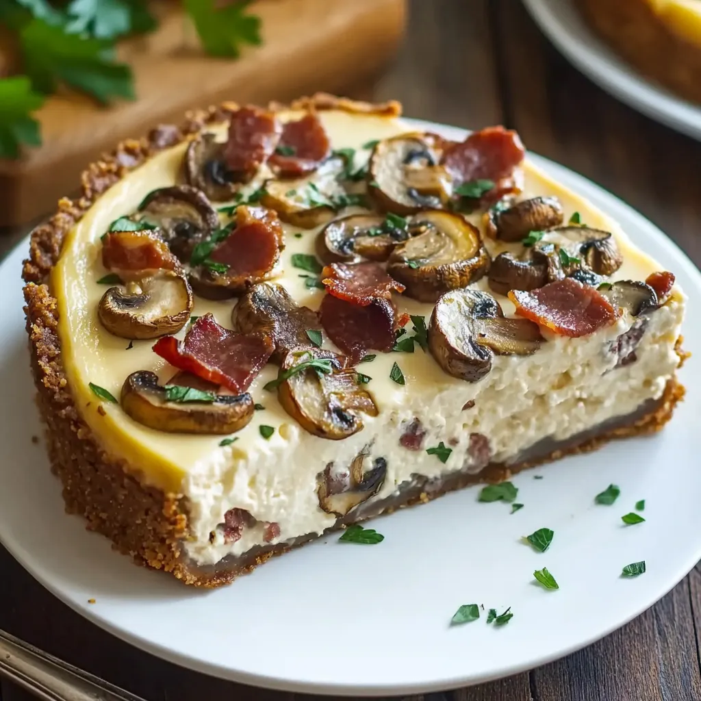 A slice of mushroom and bacon cheesecake.