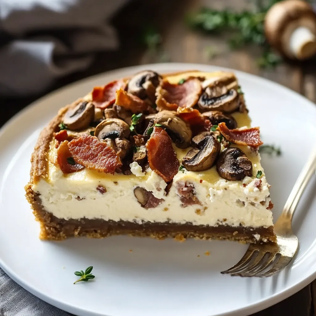 A slice of mushroom and bacon pie on a plate.
