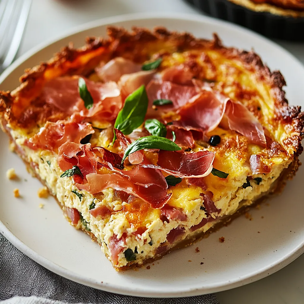 A slice of ham and cheese quiche.