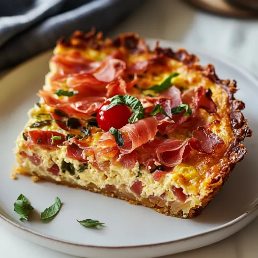 A slice of pizza with tomatoes and bacon.