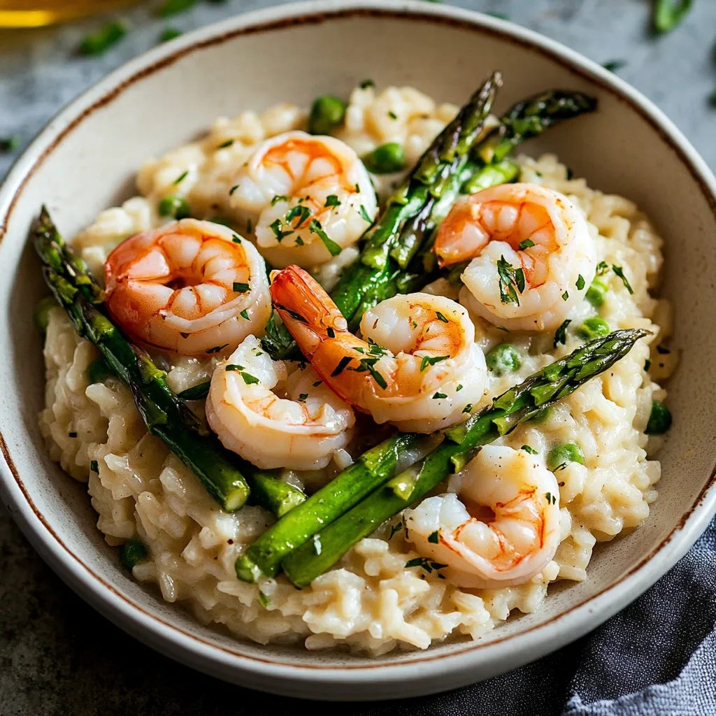 A bowl of rice with shrimp and asparagus.