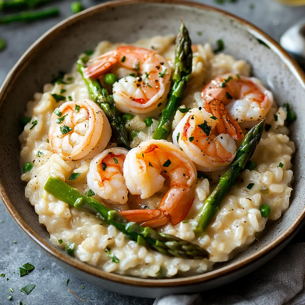 A plate of shrimp and asparagus.