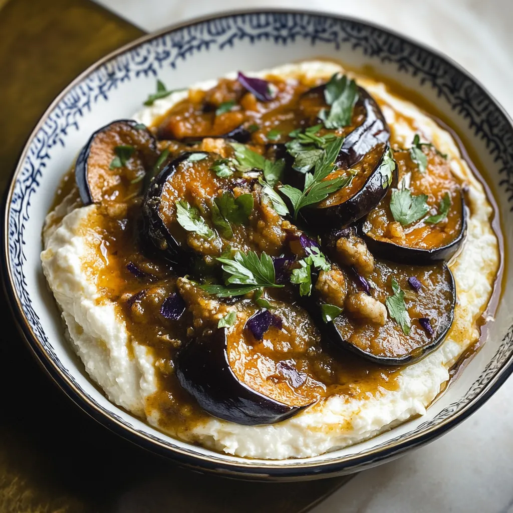A bowl of food with a purple eggplant.
