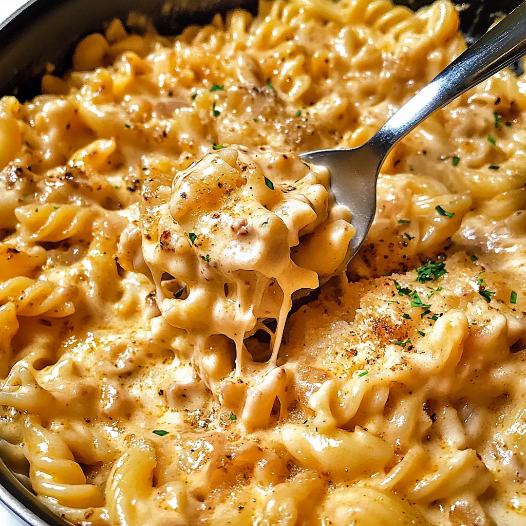 A spoon is in a bowl of macaroni and cheese.