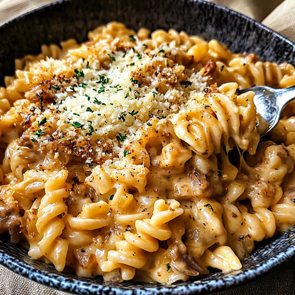 A bowl of pasta with cheese and chicken.