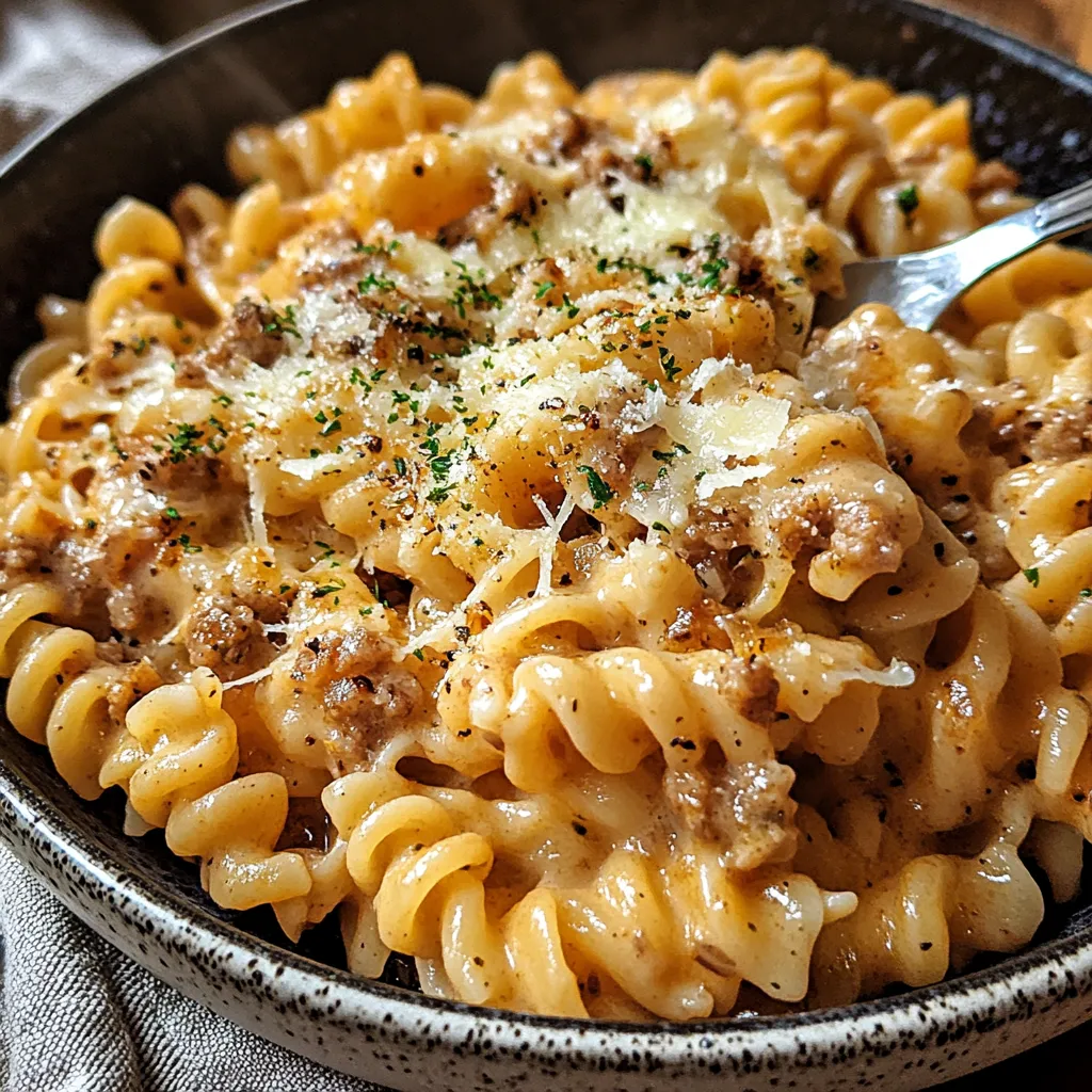 A bowl of pasta with meat and cheese.