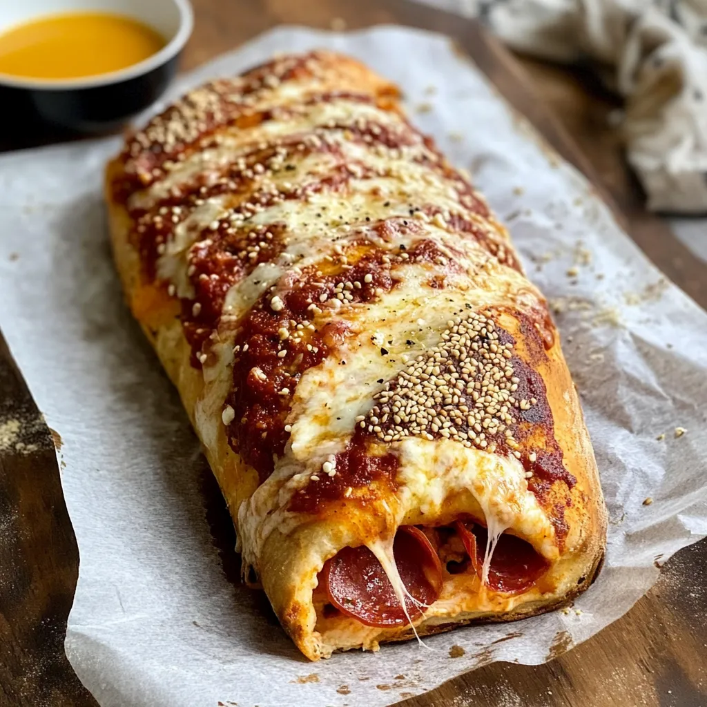 A pizza roll with cheese and pepperoni.