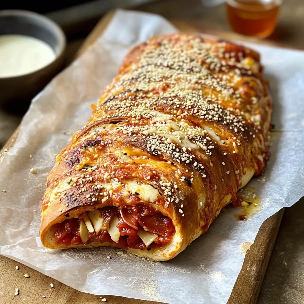 A pizza roll with cheese and tomato sauce.