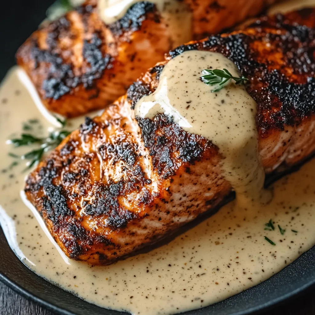 A plate of fish with a white sauce.