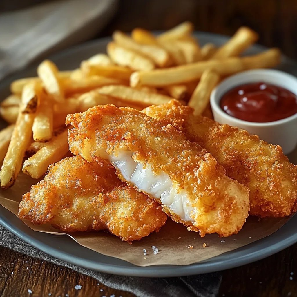 A plate of fries and fish sticks.