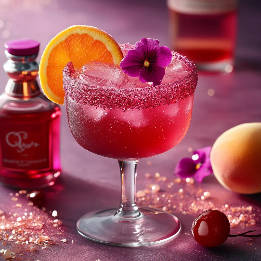A glass of pink drink with a slice of orange and a flower.