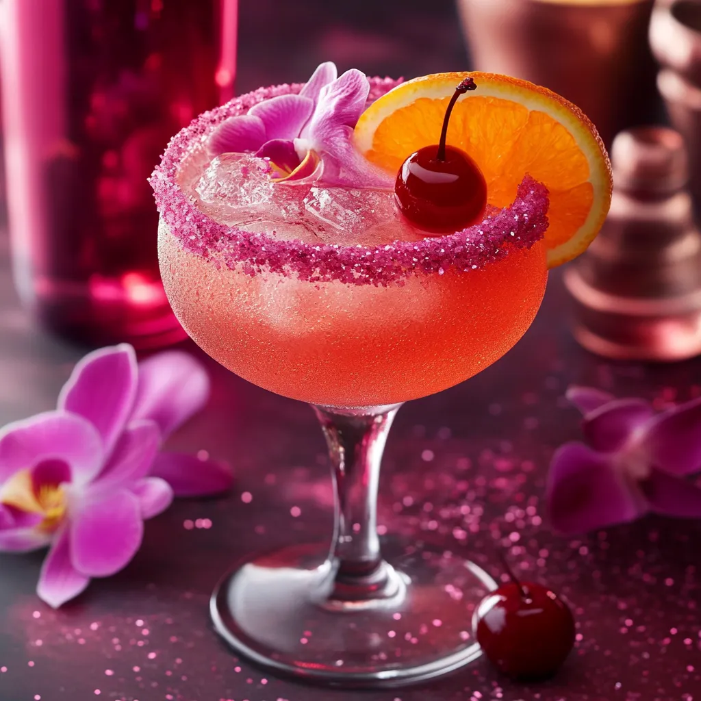 A glass of pink drink with a cherry on top.